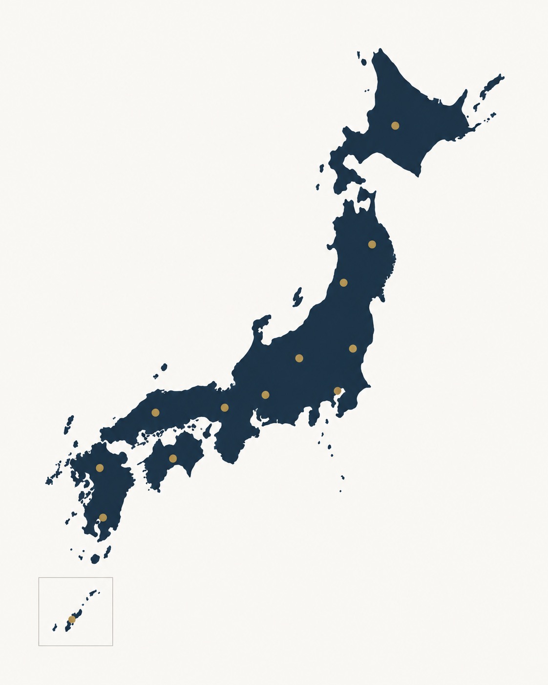 日本列島を濃紺で描き、各地域に金色の点を配したイラスト